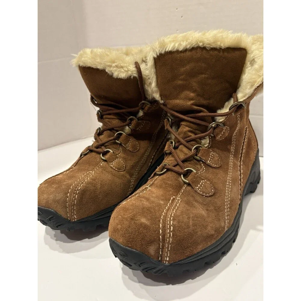 Earth Spirit Brown Suede Faux Fur Winter Hiking Boots Women’s US 9 Lace Up